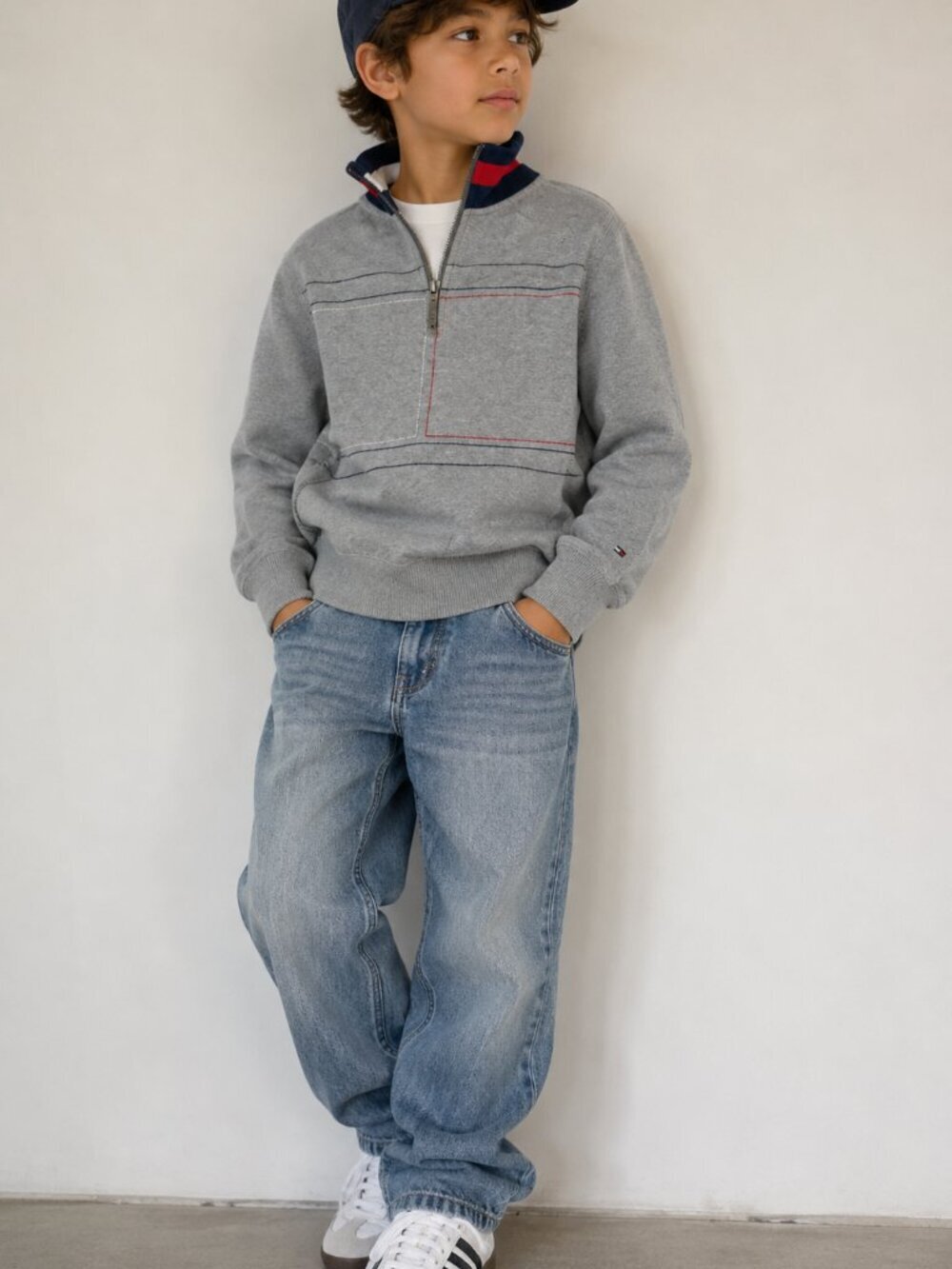 Tommy Hilfiger Kids Quarter Zip Pullover 8/10 Vintage Preppy 90s Style Gray